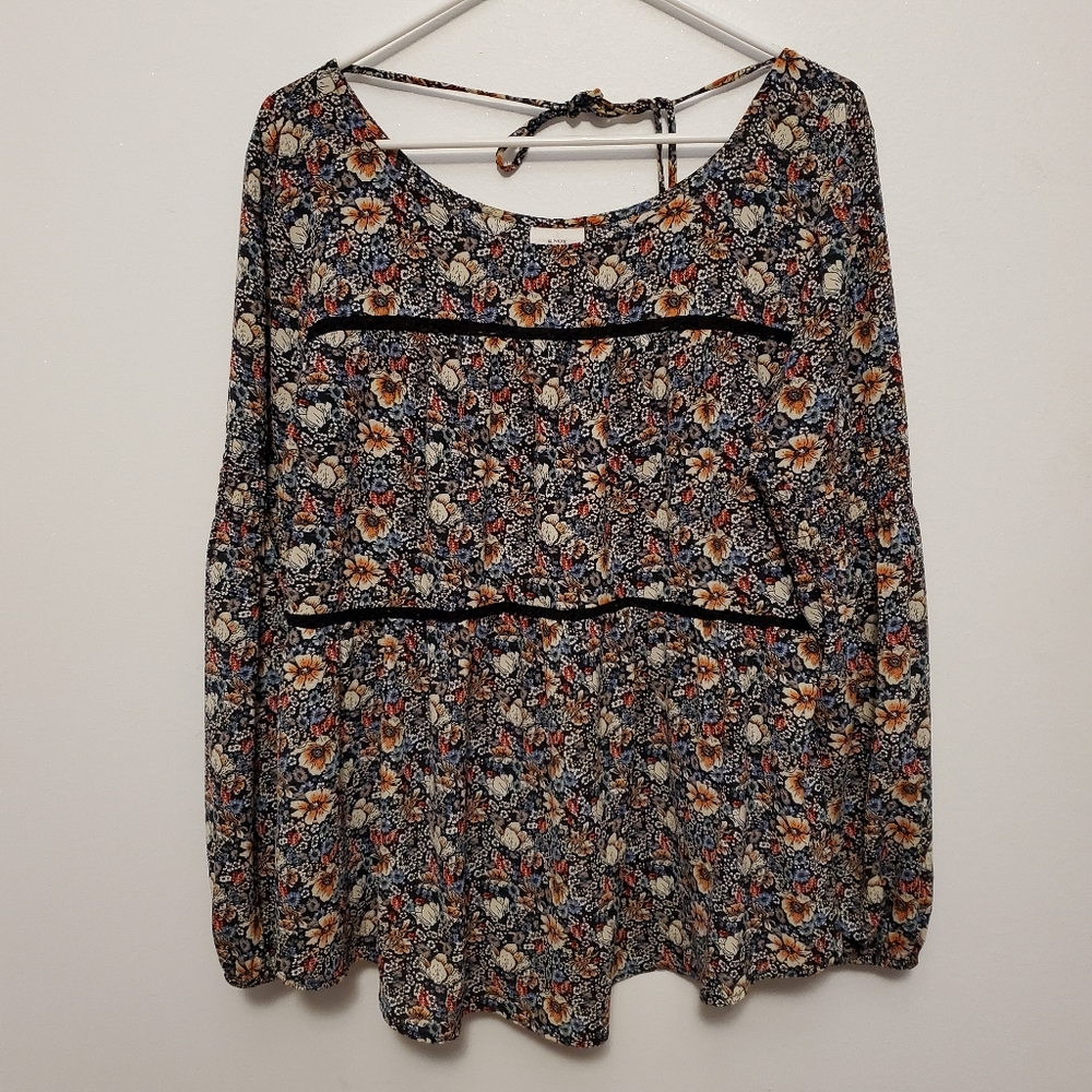 Knox Rose Floral Top Boho Chic Tie Neck Women Large